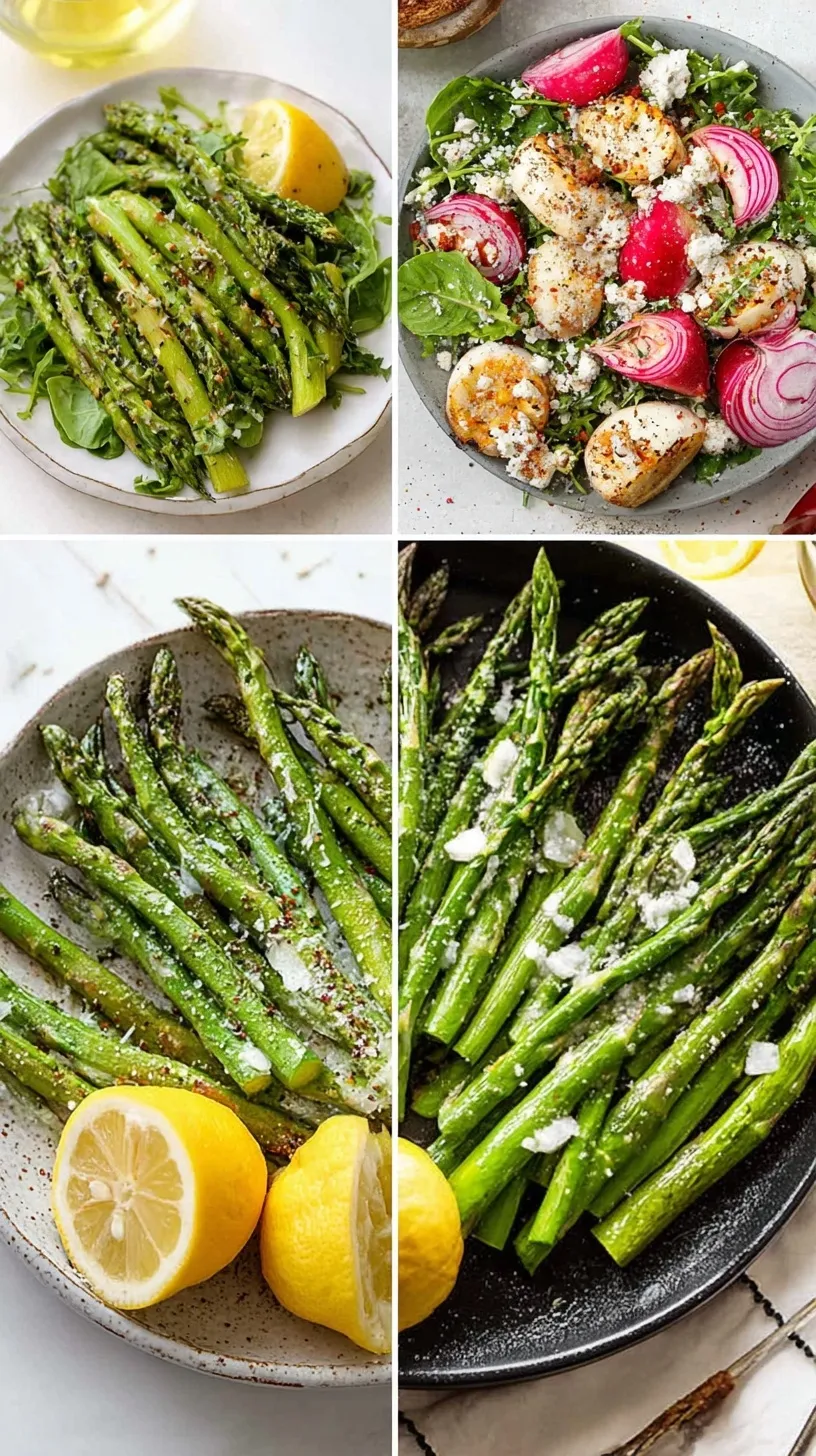A platter of bright green roasted asparagus spears with lemon slices and garlic cloves.