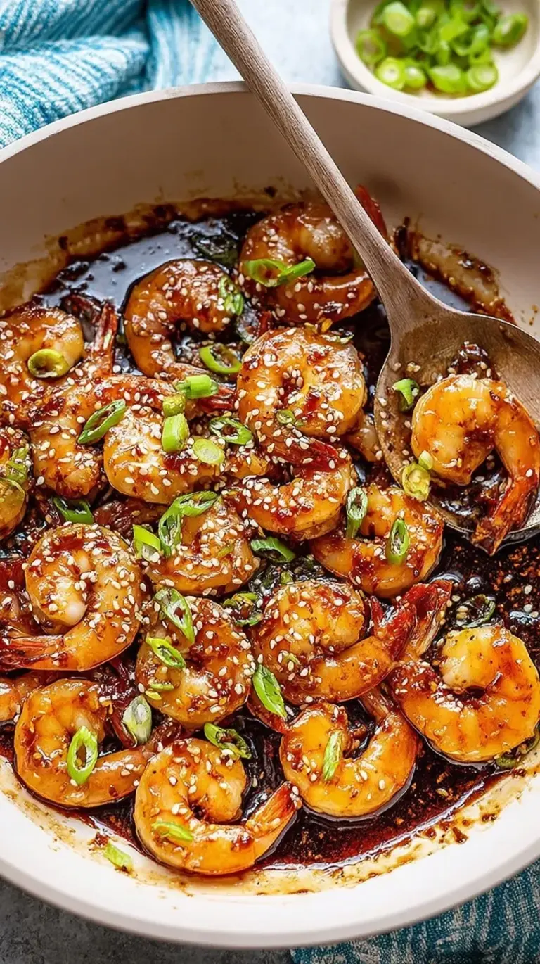 Large shrimp coated in a glossy honey garlic sauce garnished with green onions and sesame seeds