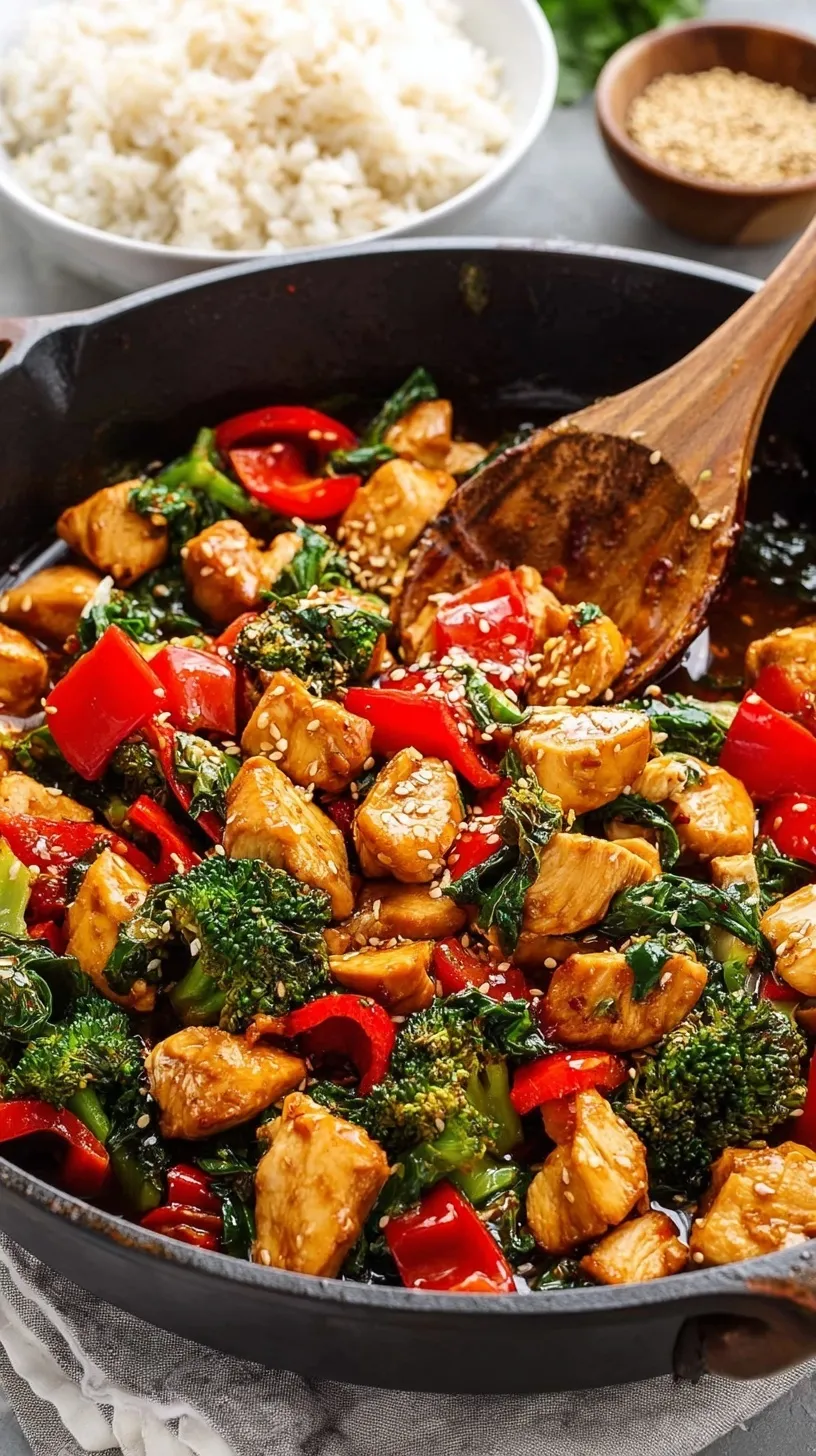 A vibrant stir-fry of Healthy Kung Pao Chicken with red peppers, zucchini, and peanuts in a glossy sauce.