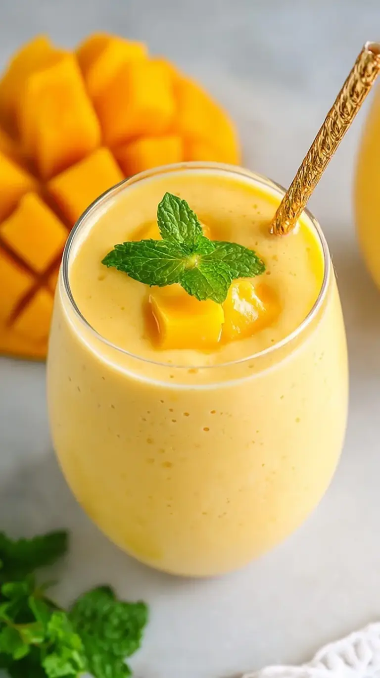 A tall glass of vibrant yellow mango smoothie with a drizzle of honey and a straw.