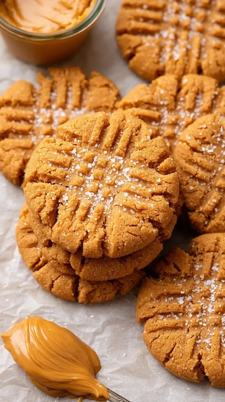 A stack of golden brown peanut butter cookies with a criss-cross pattern on a cooling rack.