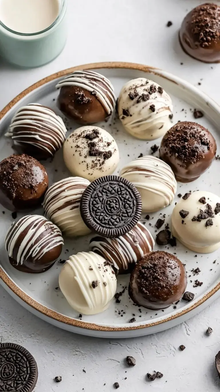 A tray of white chocolate covered Oreo truffles with dark chocolate drizzle and cookie crumbs.