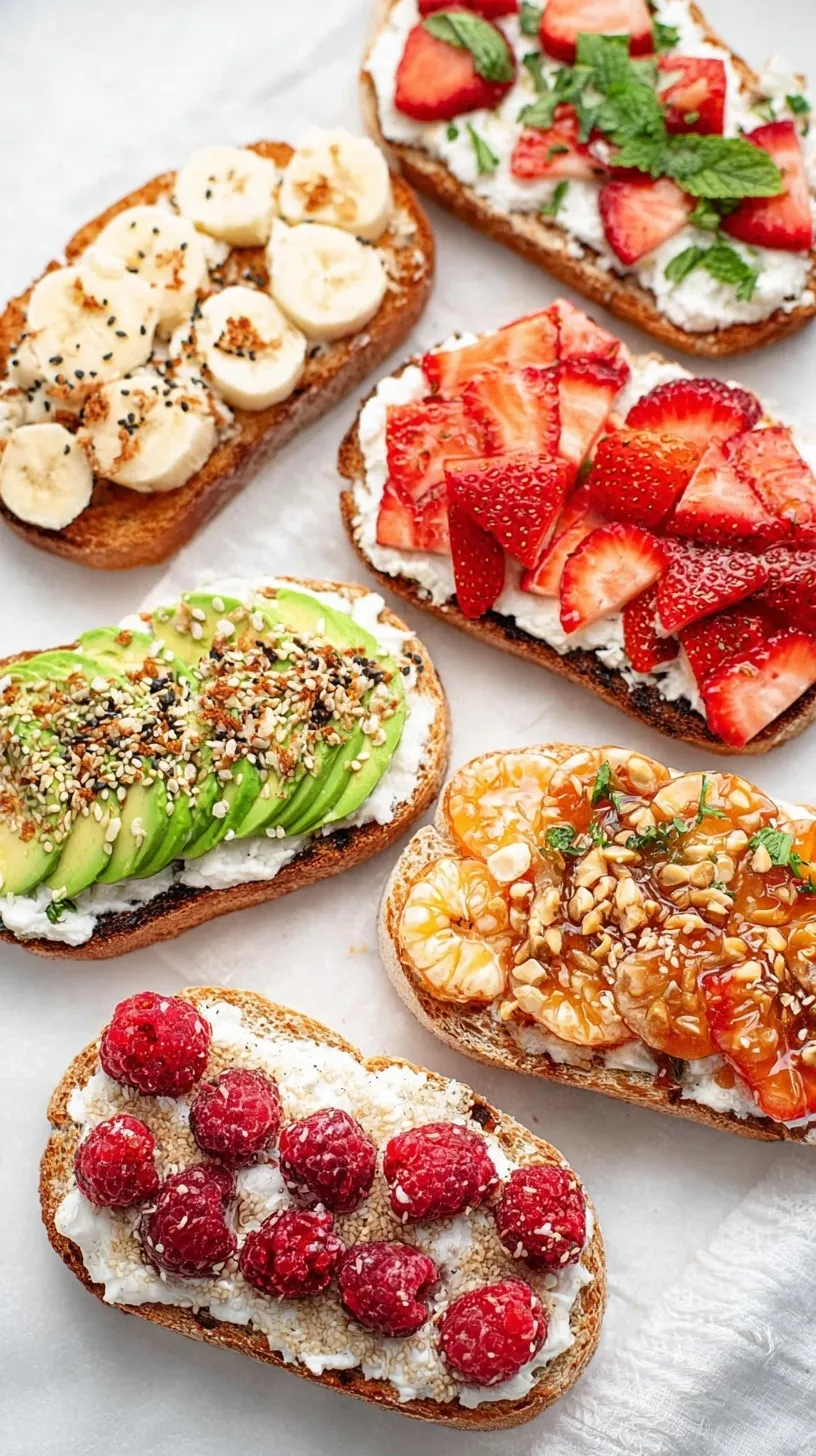 Six slices of colorful cottage cheese toast with various toppings like avocado, berries, and cucumber