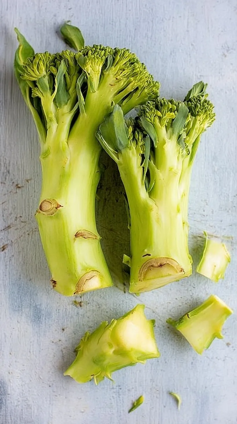 Sliced and julienned broccoli stems prepared for cooking on a wooden cutting board
