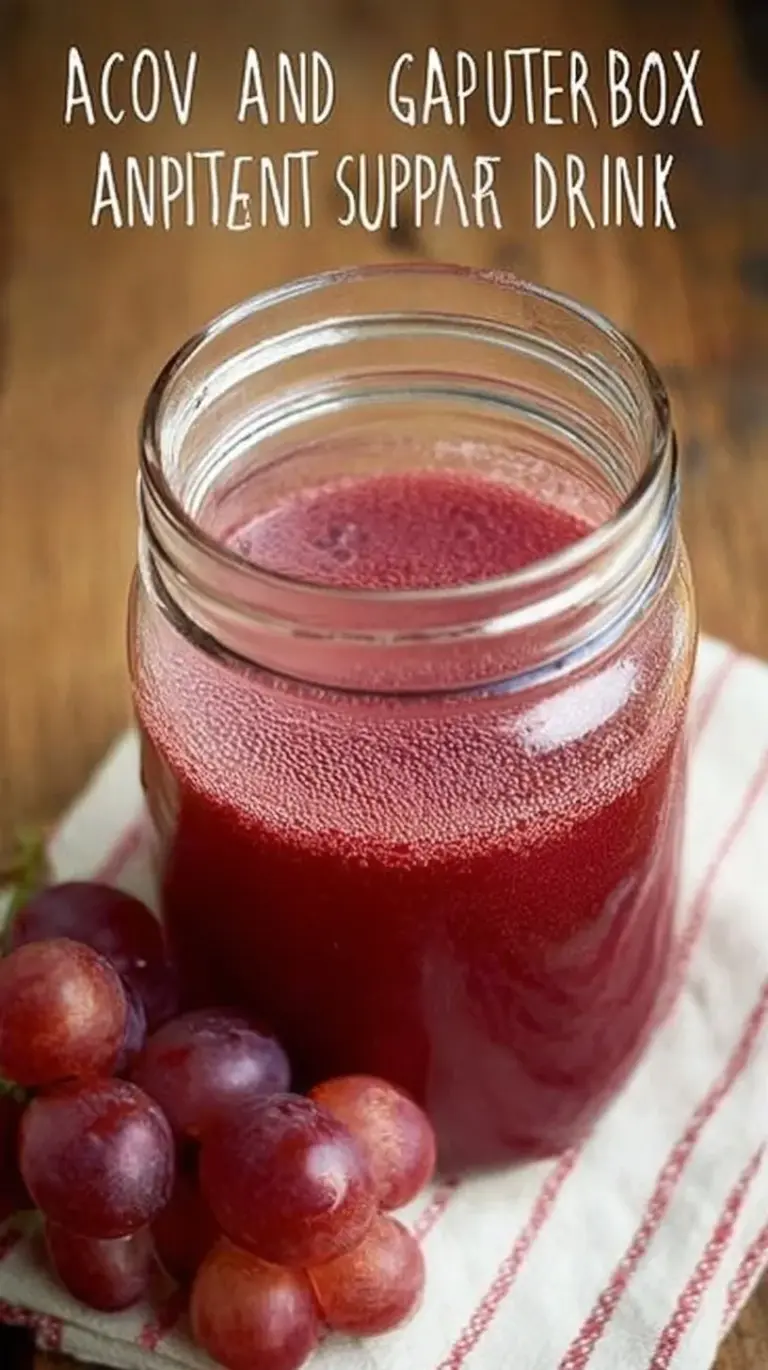 A vibrant purple grape and apple cider vinegar drink in a tall glass with ice cubes.
