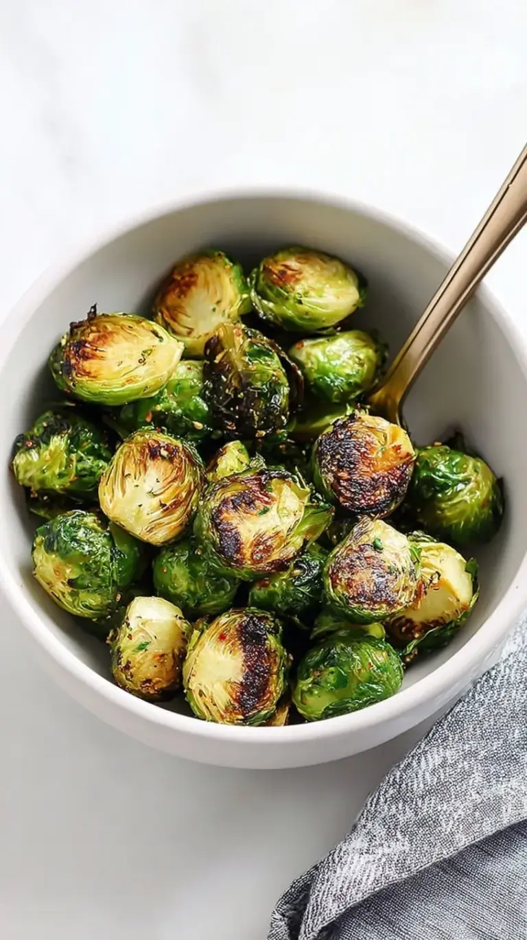 A bowl of crispy air fried brussels sprouts with a dark balsamic glaze drizzle