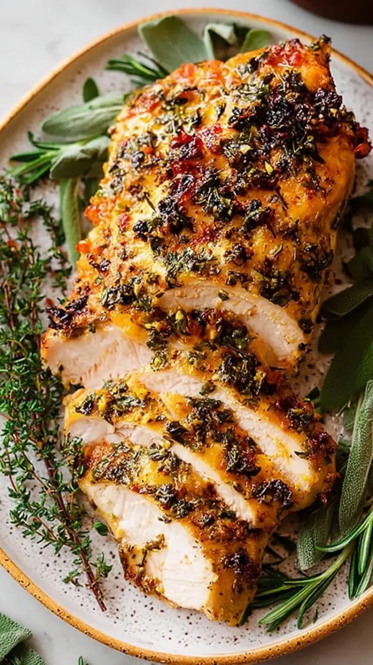 Sliced herb-rubbed air fryer turkey breast on a wooden cutting board