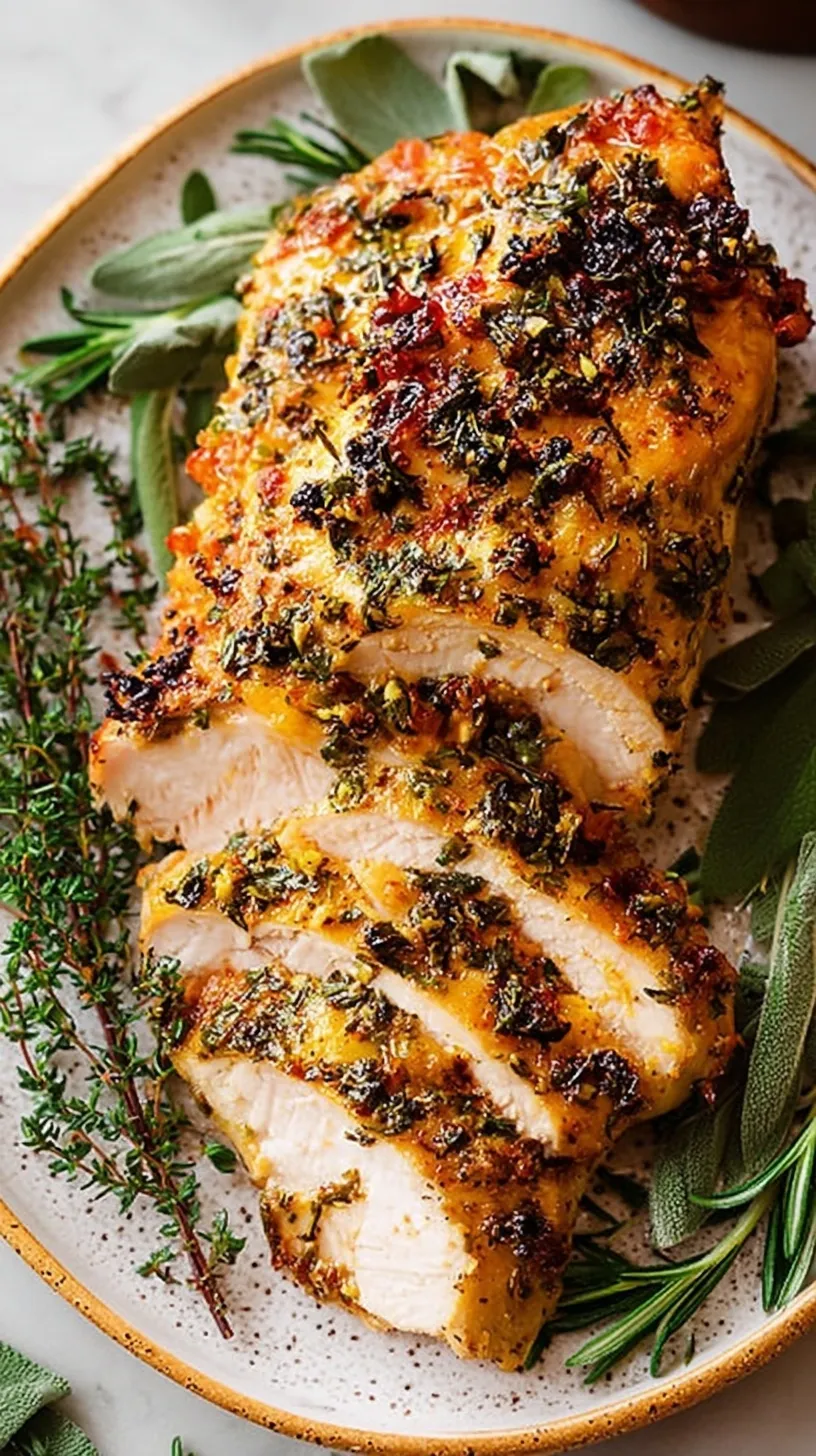 Sliced herb-rubbed air fryer turkey breast on a wooden cutting board