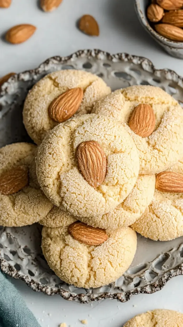 A tray of golden Traditional Almond Cookies topped with whole almonds on a wire cooling rack.