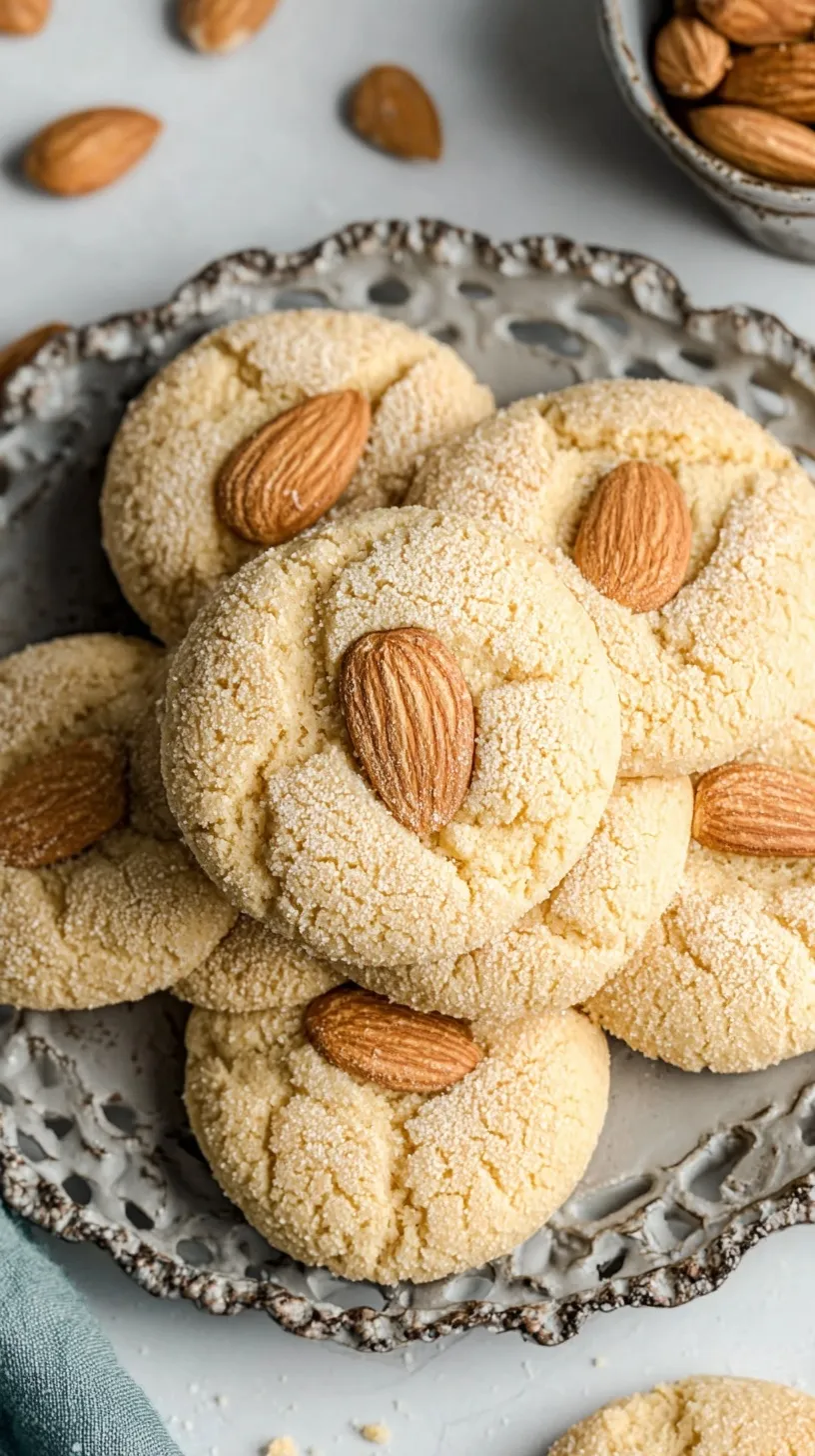 A tray of golden Traditional Almond Cookies topped with whole almonds on a wire cooling rack.