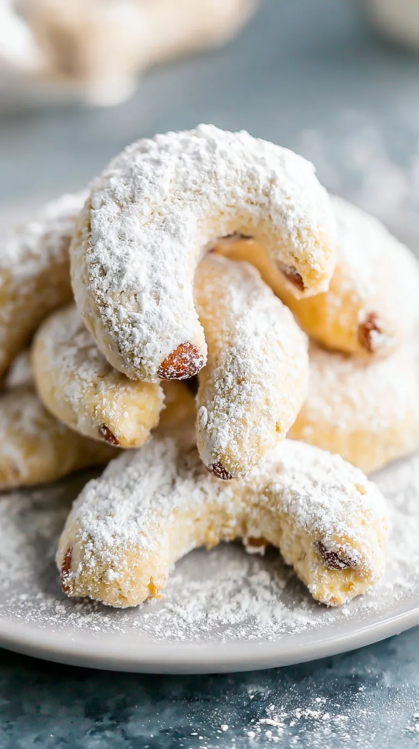 A tray of powdered sugar-dusted almond crescent cookies arranged in a circle on a wooden board.