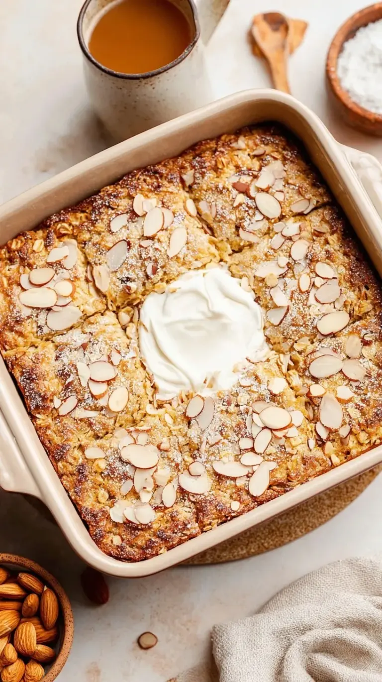 A golden brown 9-inch square dish of almond croissant baked oatmeal topped with toasted sliced almonds.