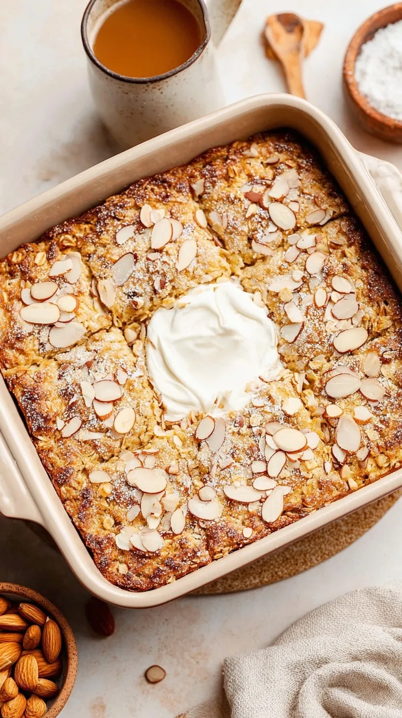 A golden brown 9-inch square dish of almond croissant baked oatmeal topped with toasted sliced almonds.