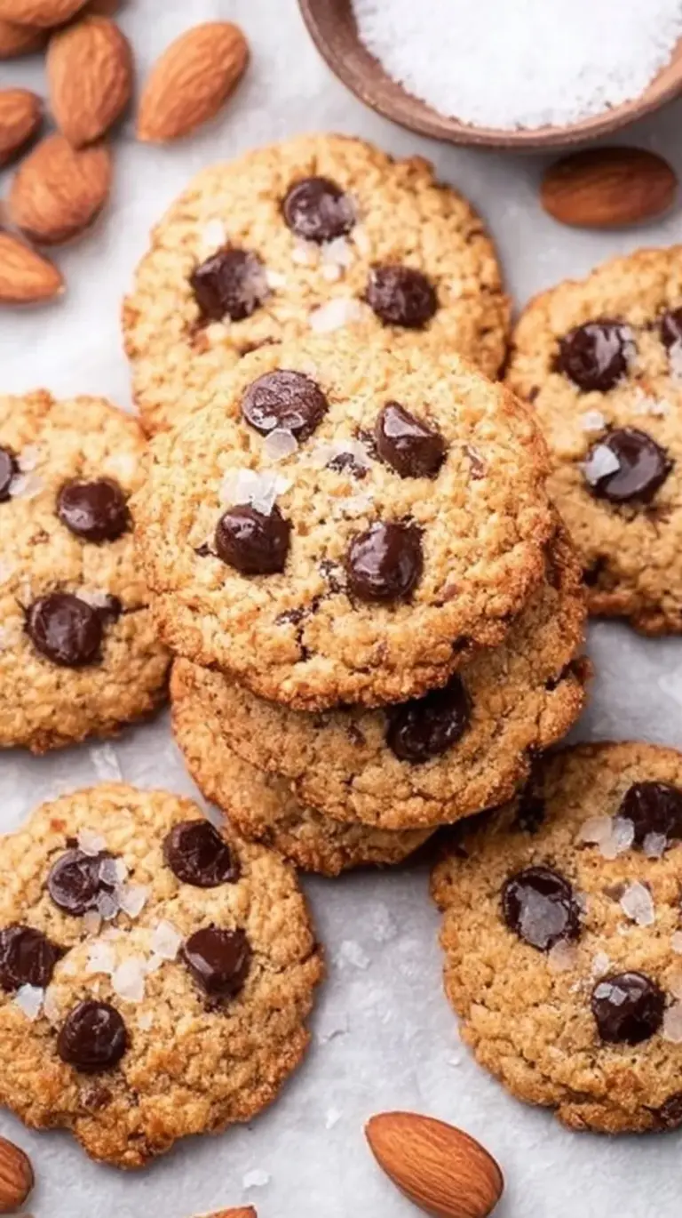 Golden brown almond flour chocolate chip cookies on a baking sheet with melted chocolate chips.