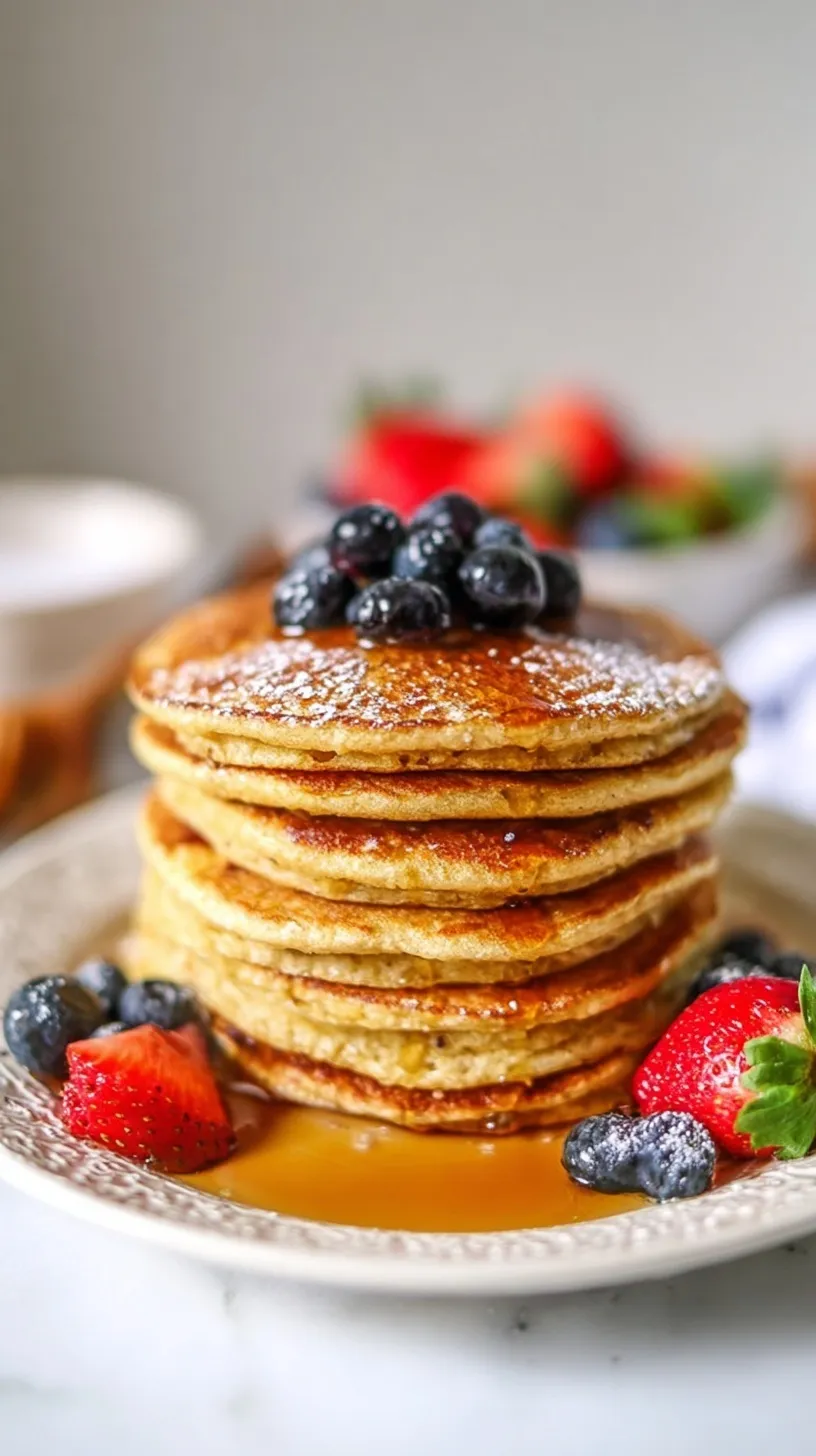 A stack of golden brown almond flour pancakes topped with fresh berries and maple syrup.