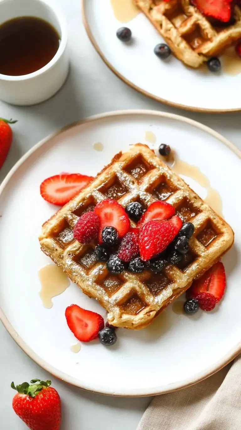 Golden brown almond flour waffles stacked on a plate with fresh berries and maple syrup