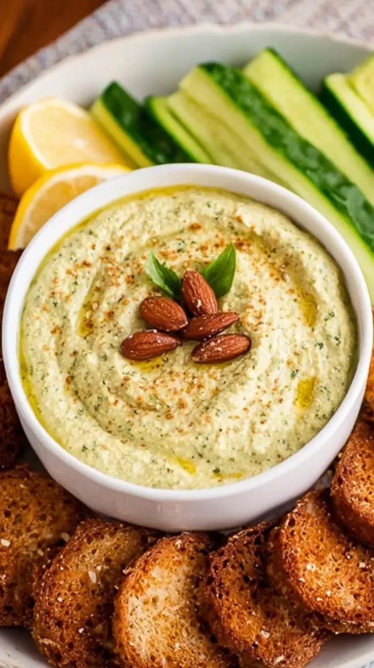 A bowl of vibrant green almond pesto with toasted nuts and fresh basil