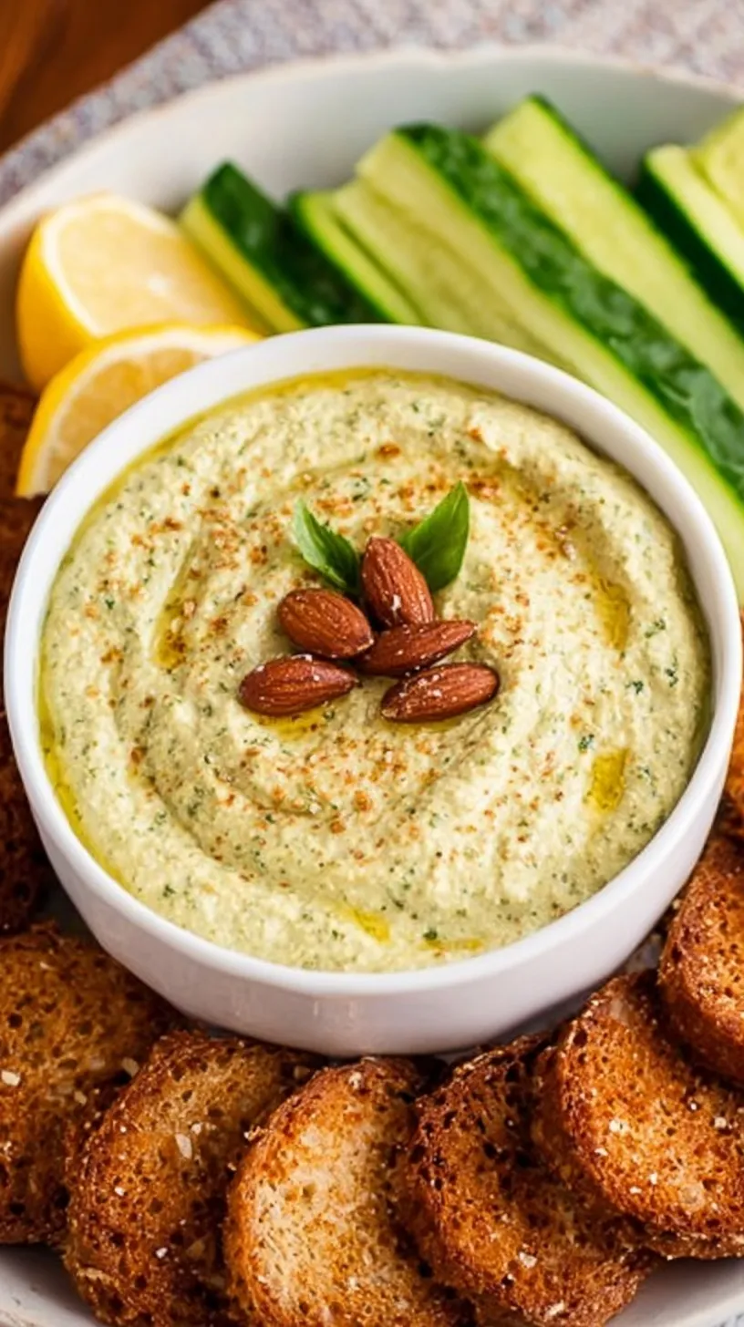A bowl of vibrant green almond pesto with toasted nuts and fresh basil