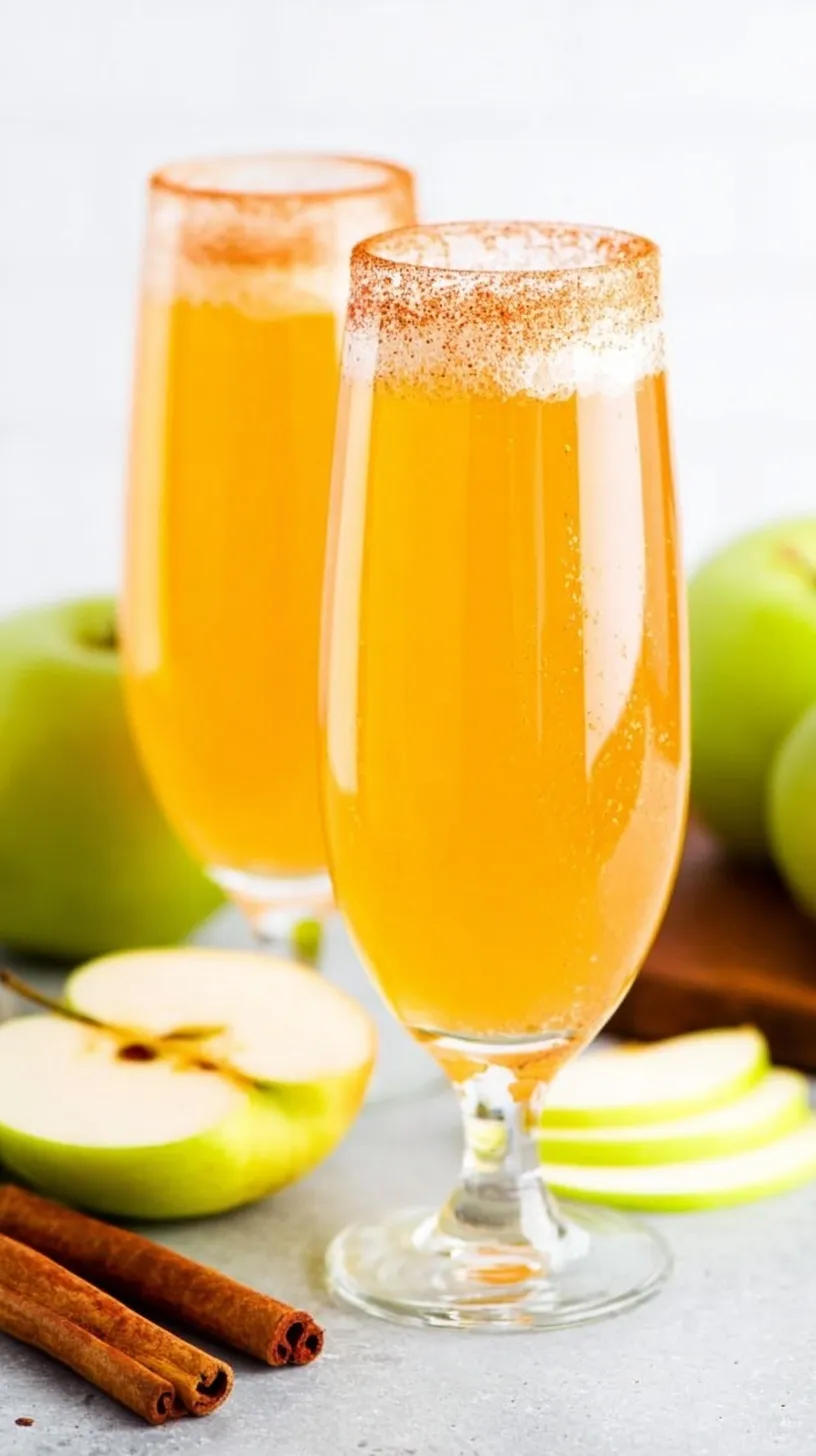 Four champagne flutes filled with golden apple cider mimosas, rimmed with cinnamon sugar and garnished with apple slices and cinnamon sticks.