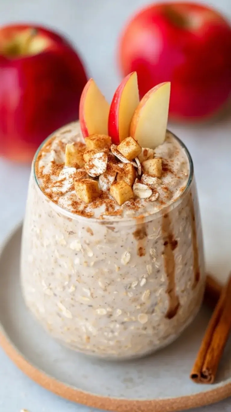 A glass jar filled with creamy apple cinnamon overnight oats topped with dried apples