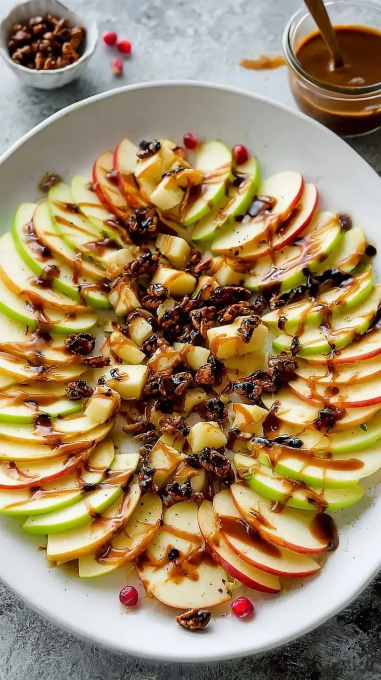 A platter of sliced apples drizzled with creamy date caramel and topped with almonds and chocolate chips.