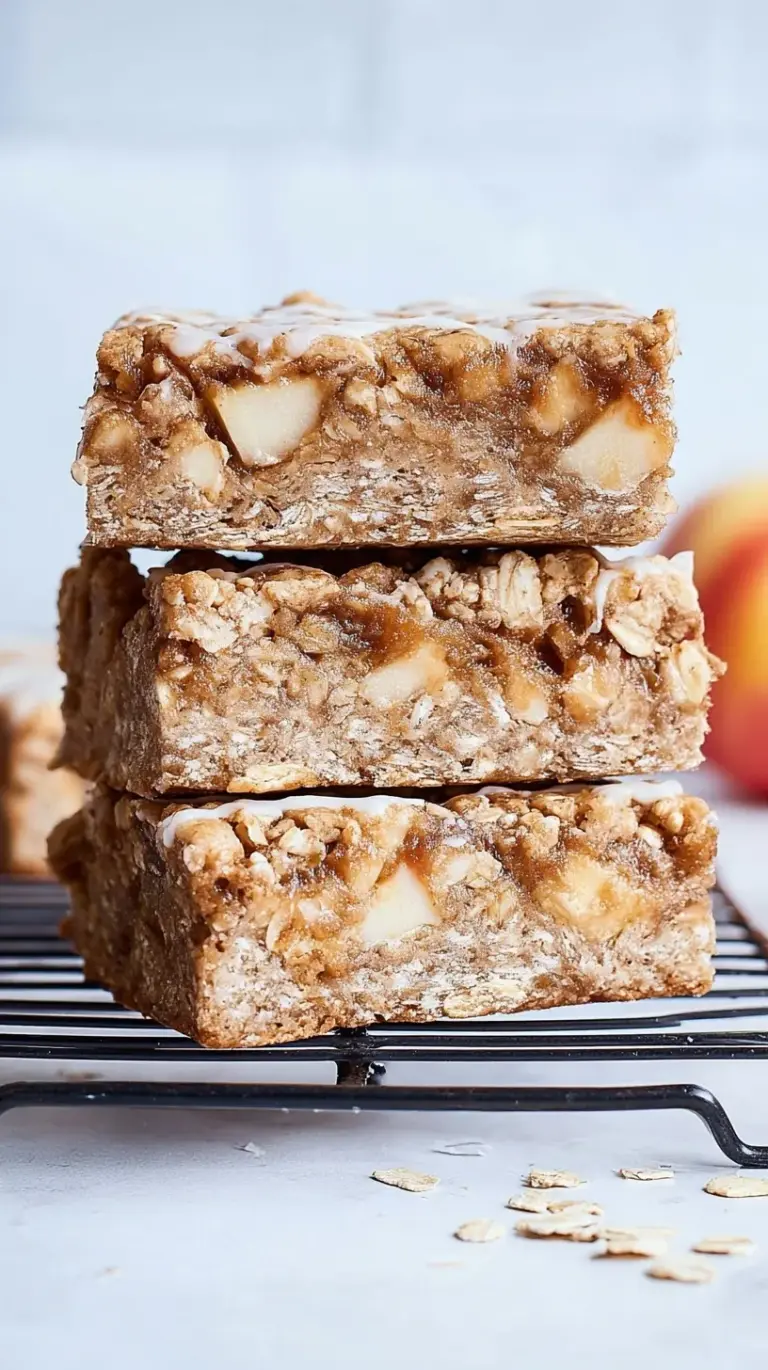 Golden brown apple oatmeal bars with a visible cinnamon apple layer in a square baking dish.