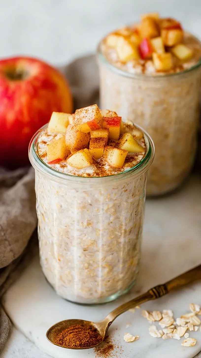 A glass jar filled with creamy overnight oats topped with diced apples and a sprinkle of cinnamon.