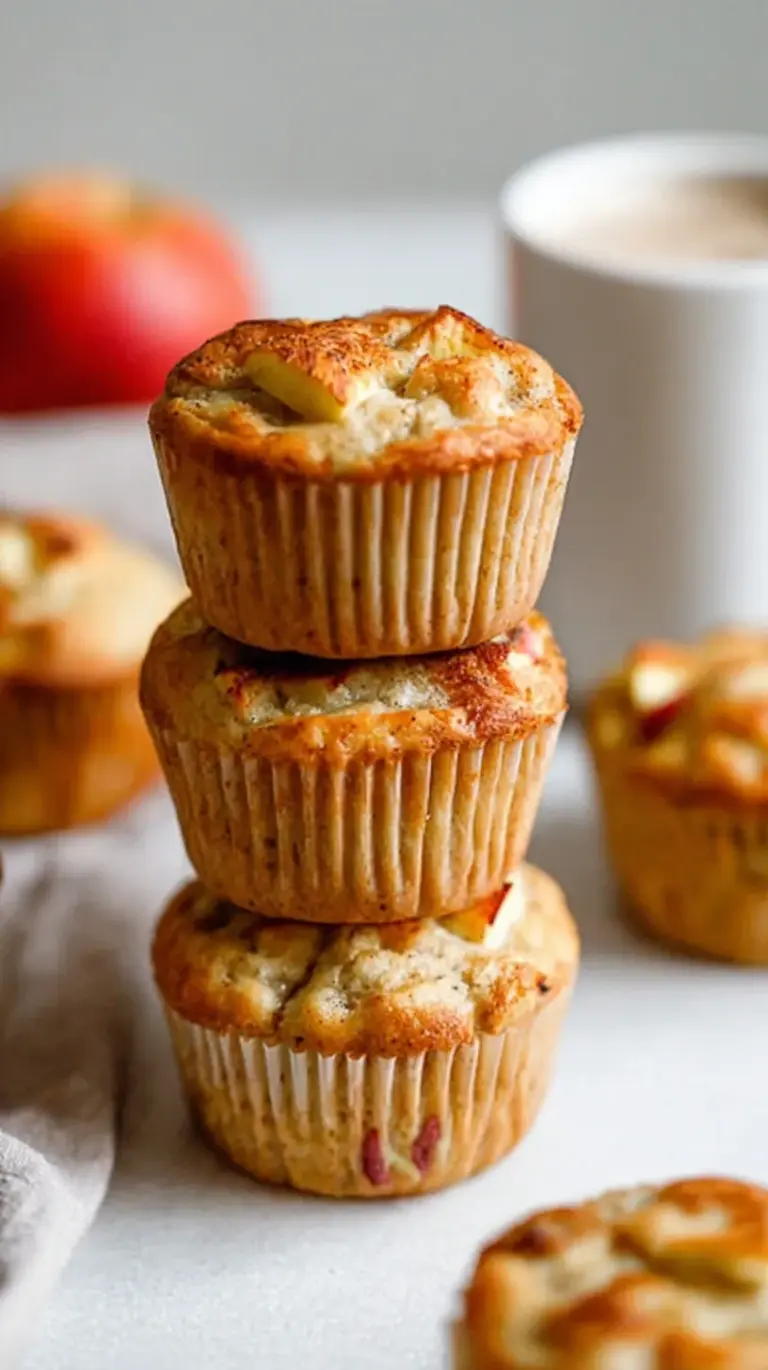 A basket of freshly baked golden apple yogurt muffins with visible chunks of green apples and a cinnamon dusting.