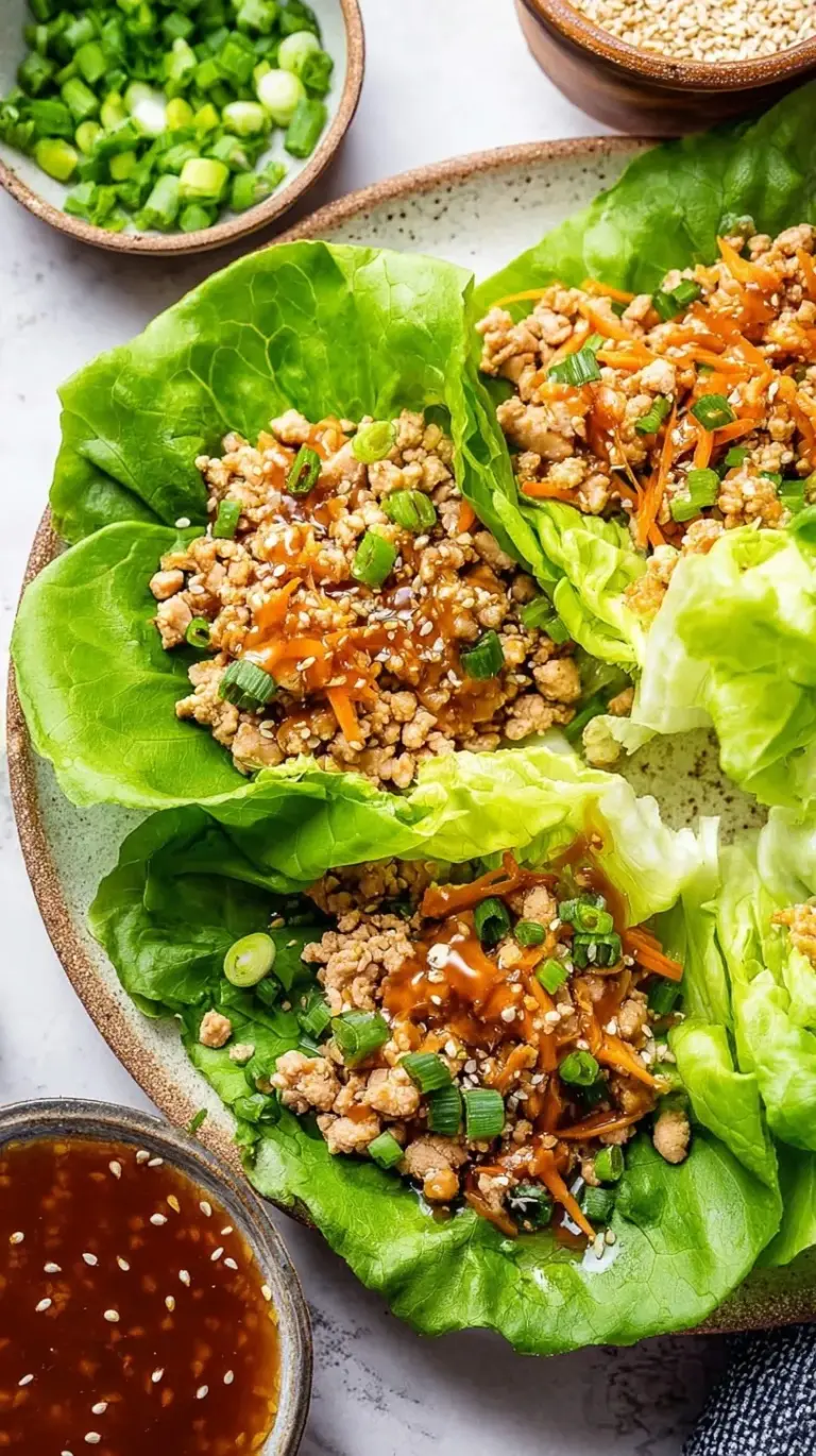 Savory Asian chicken filling served in vibrant green butter lettuce leaves on a platter.