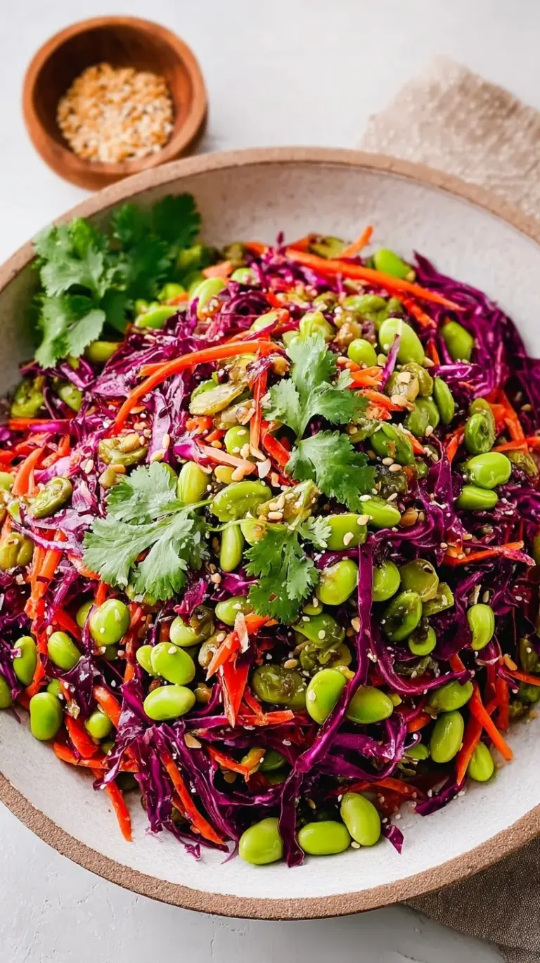 A colorful bowl of Asian Edamame Salad with red peppers, carrots, and sesame seeds
