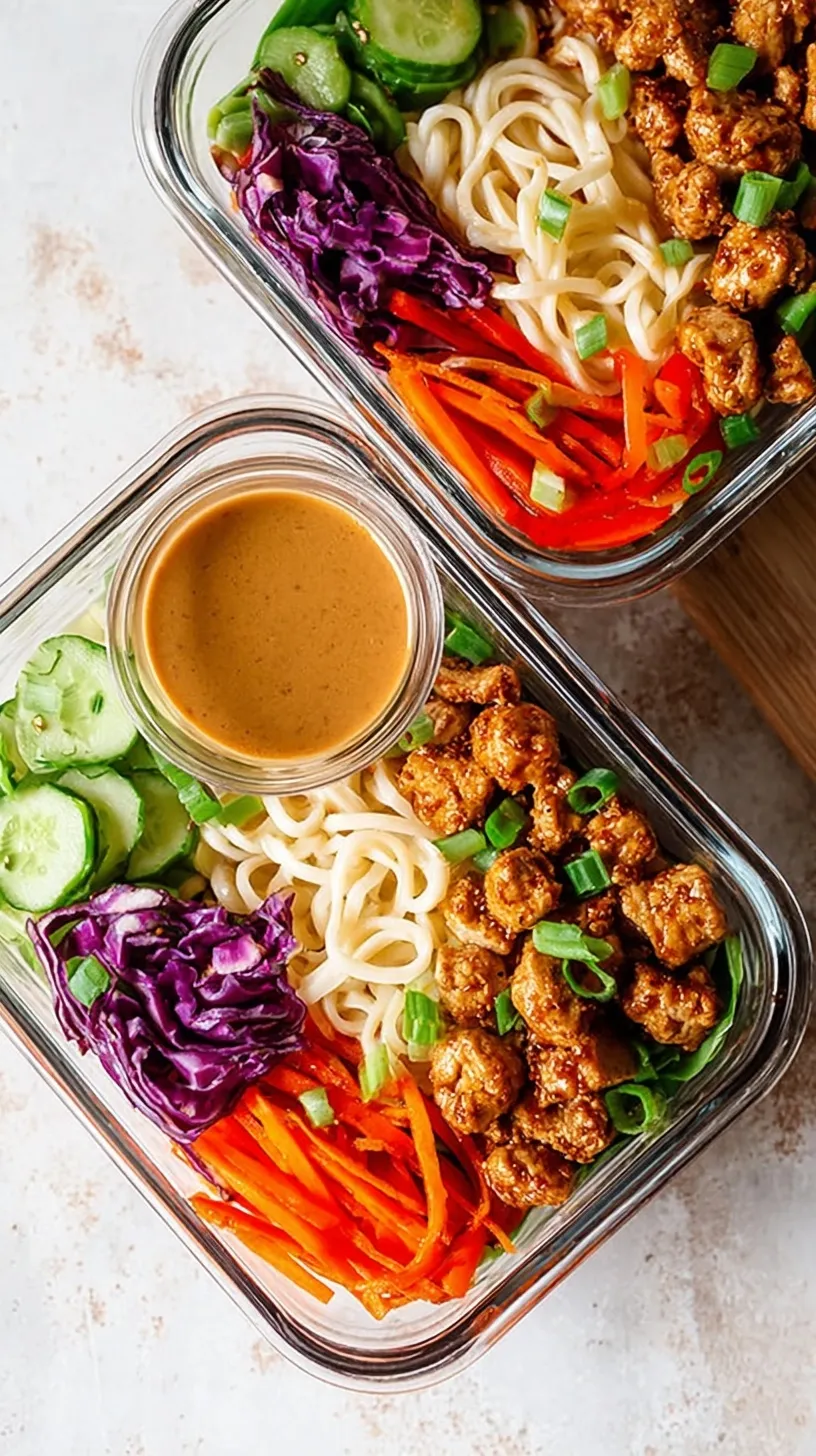 A colorful Asian Noodle Bowl with rice noodles, julienned carrots, cucumber, and edamame in a meal prep container.
