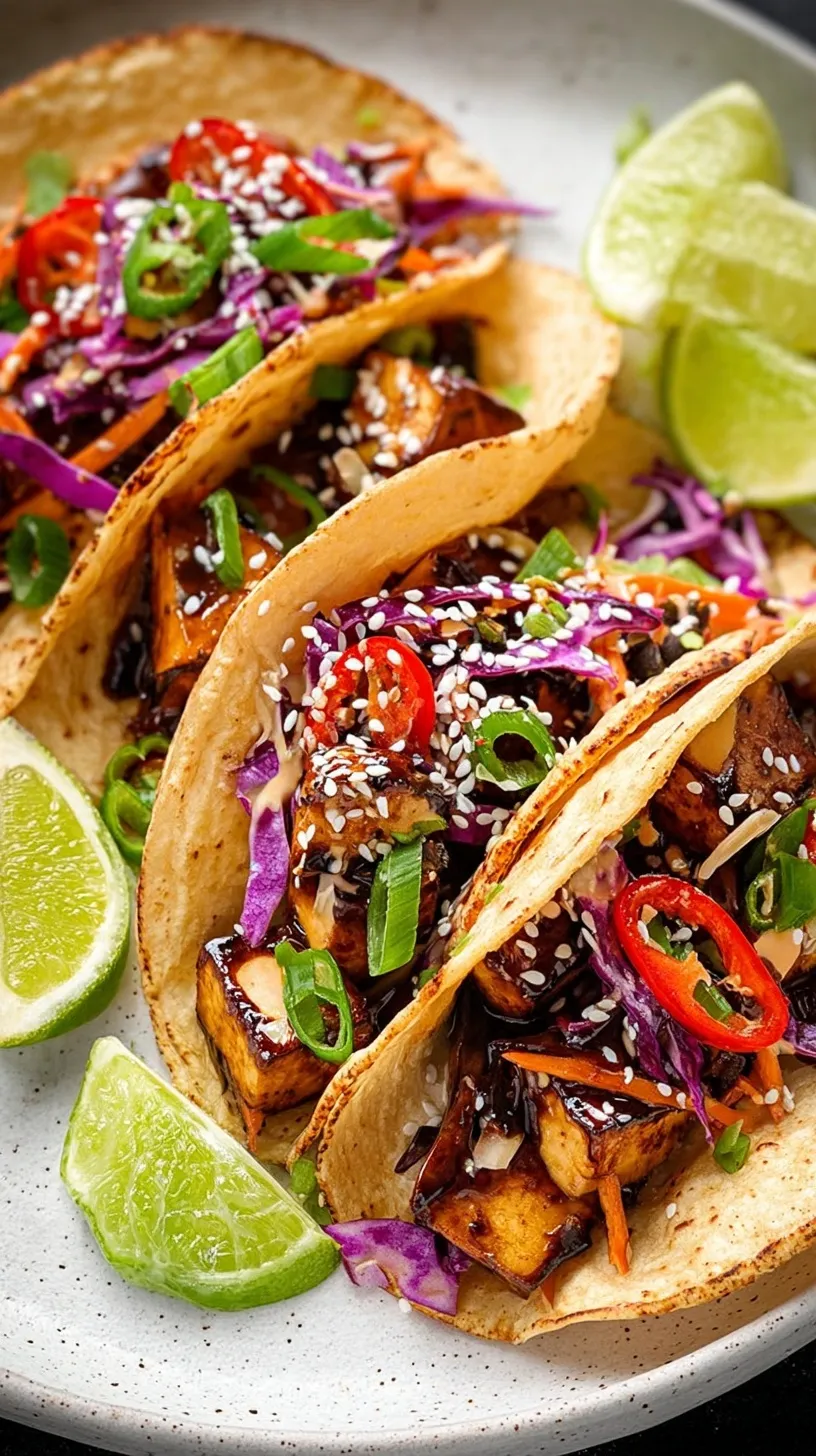 Crispy glazed Asian Tofu Tacos topped with red cabbage and sriracha mayo on a plate