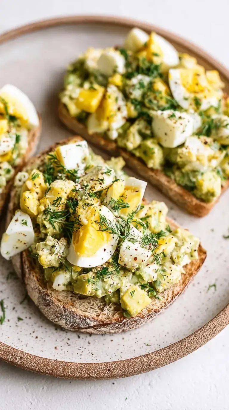 A bowl of creamy green avocado egg salad topped with fresh chives on toasted bread.