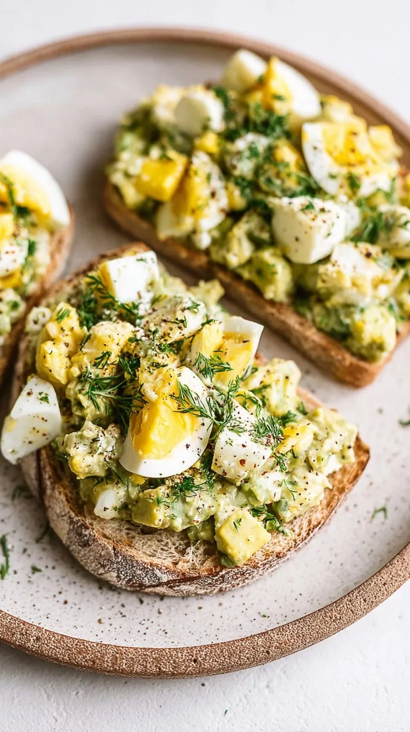 A bowl of creamy green avocado egg salad topped with fresh chives on toasted bread.