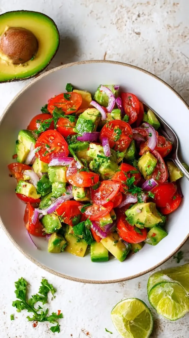 A vibrant glass bowl filled with Classic Avocado Salad featuring cubed avocado, cherry tomatoes, and cucumbers in a lime dressing.