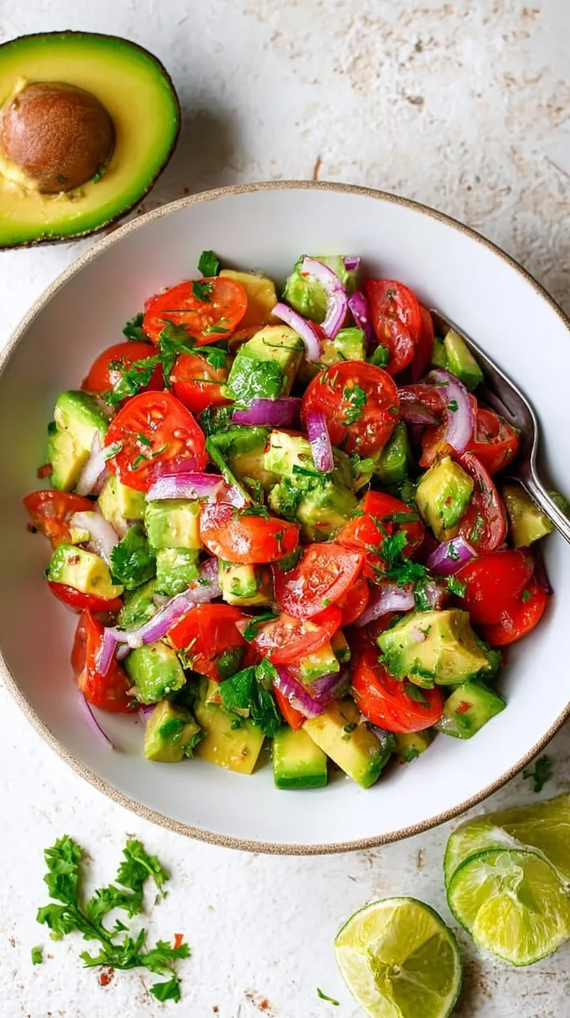 A vibrant glass bowl filled with Classic Avocado Salad featuring cubed avocado, cherry tomatoes, and cucumbers in a lime dressing.