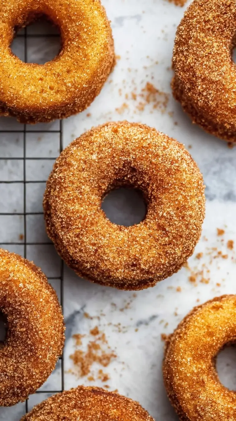 A stack of golden baked apple cider donuts coated in cinnamon sugar on a wire rack.