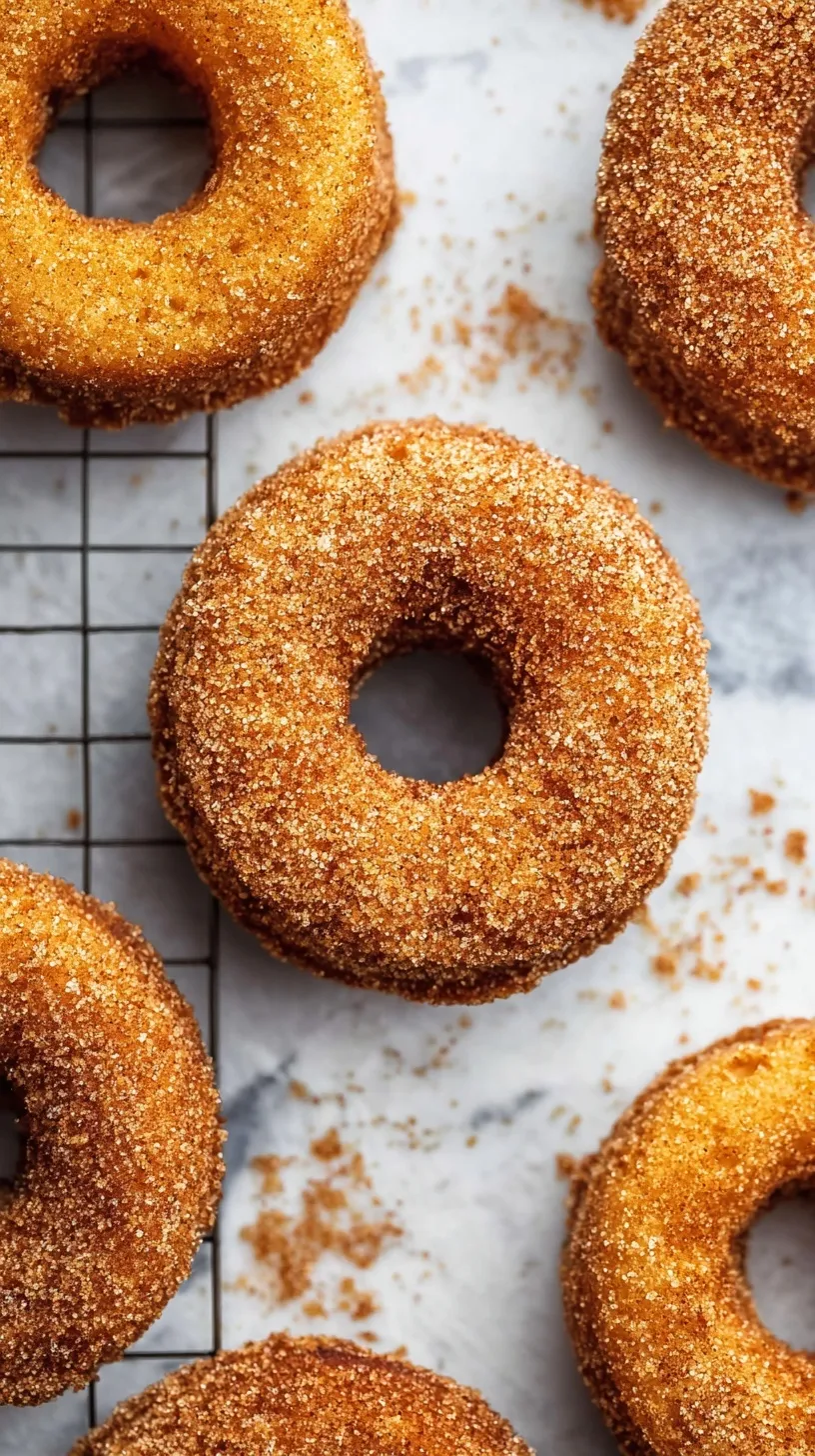 A stack of golden baked apple cider donuts coated in cinnamon sugar on a wire rack.