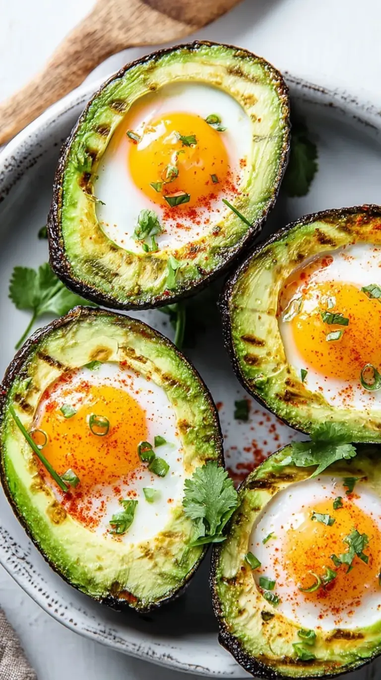 Two halved avocados baked with eggs inside, topped with fresh chives in a white baking dish.
