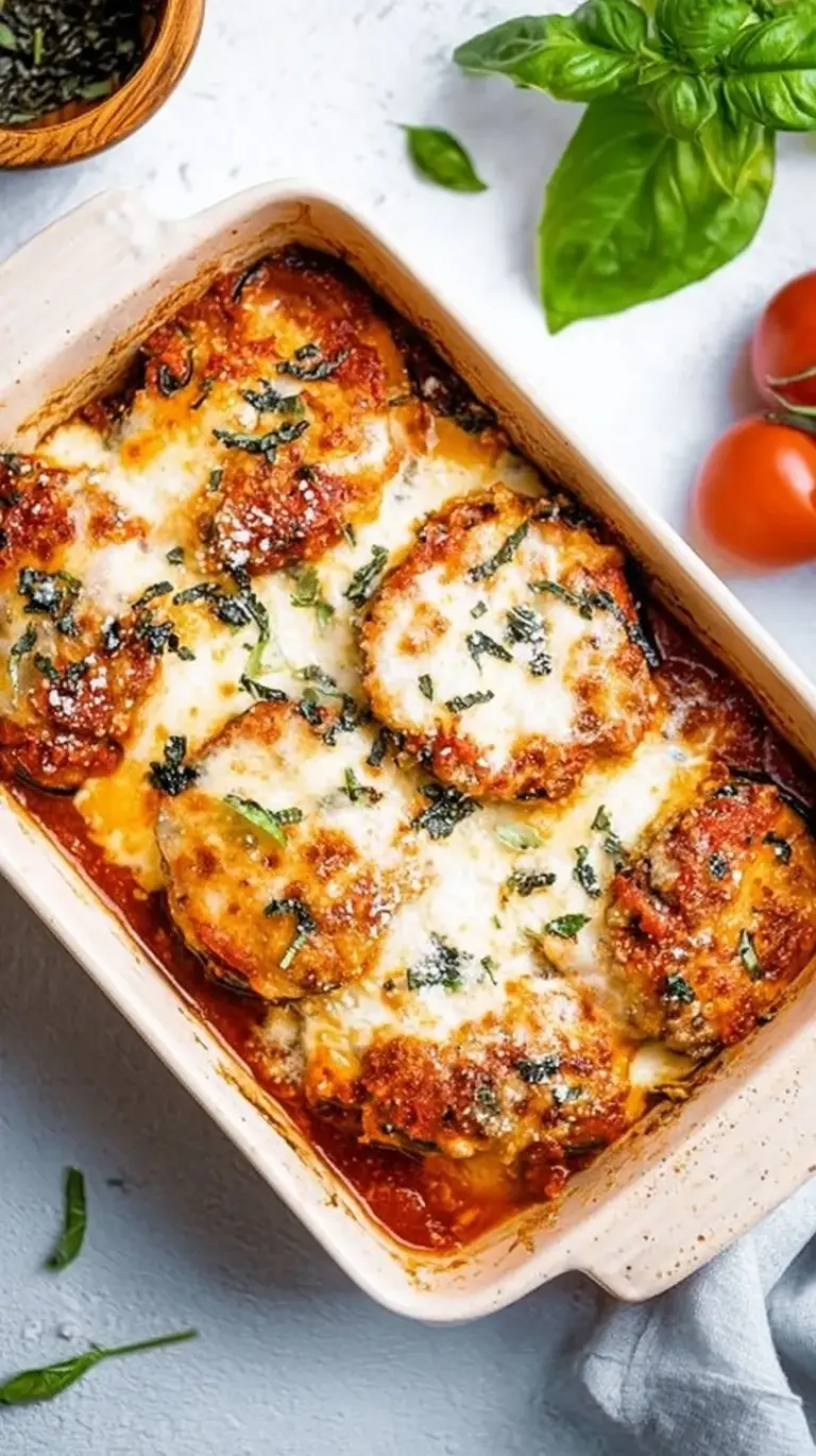 Golden brown baked eggplant slices layered with red sauce and melted mozzarella cheese in a baking dish