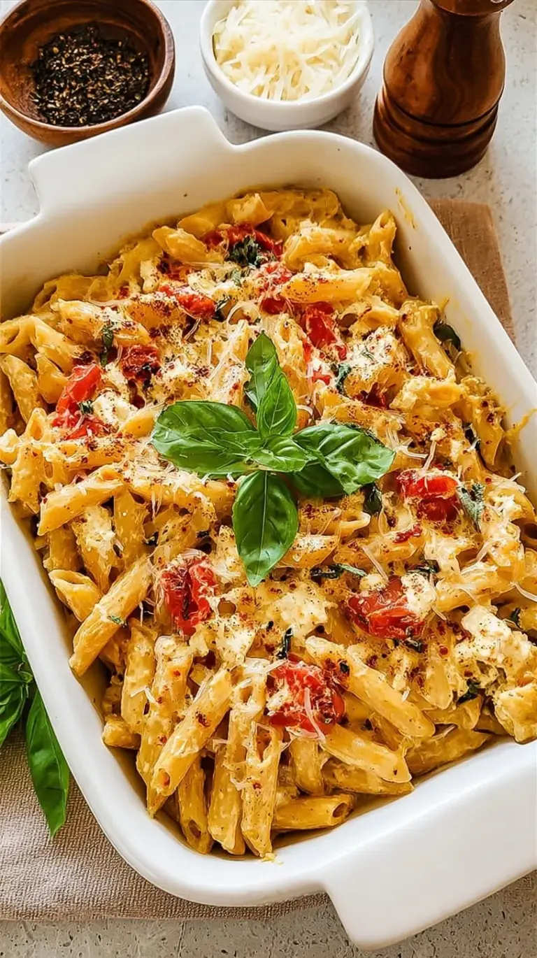 A baking dish filled with roasted cherry tomatoes, melted feta cheese, and fusilli pasta garnished with fresh basil.