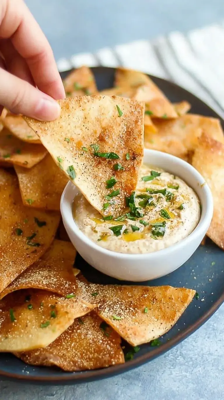 Golden brown baked pita chips seasoned with herbs on a parchment-lined baking sheet.