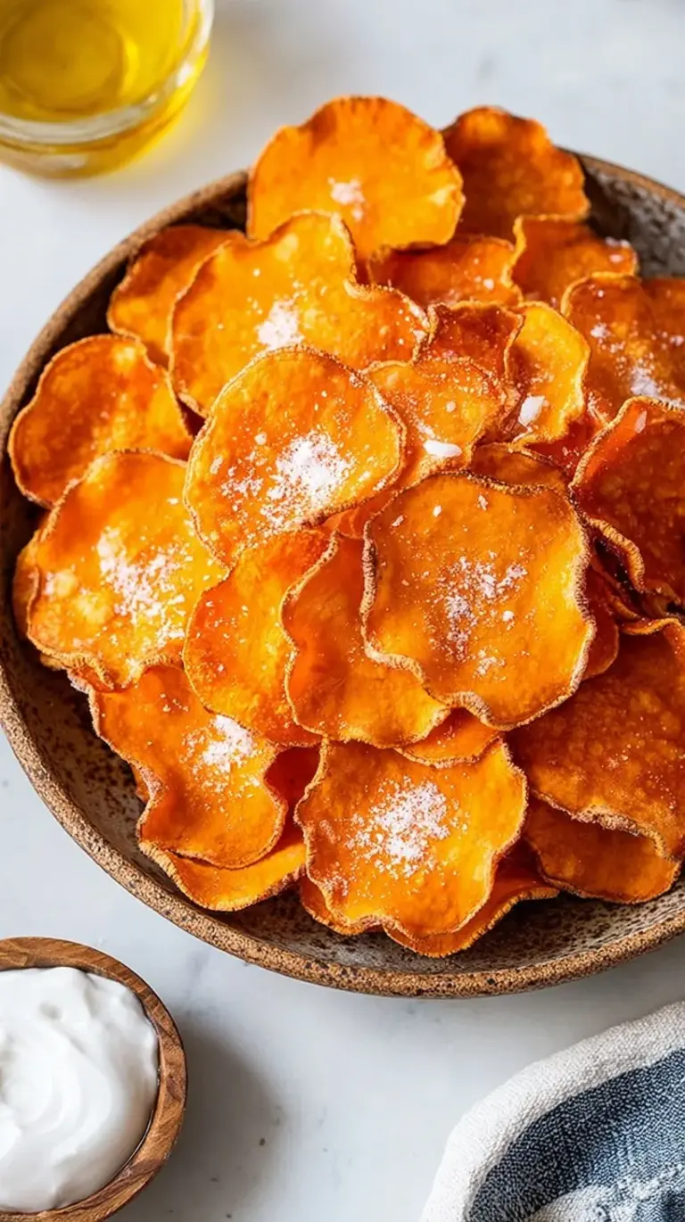 A bowl of golden brown, crispy baked sweet potato chips seasoned with smoked paprika and sea salt.