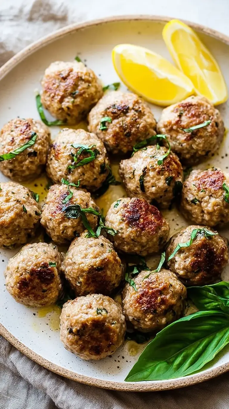Golden brown baked turkey meatballs on a parchment-lined baking sheet with fresh herbs