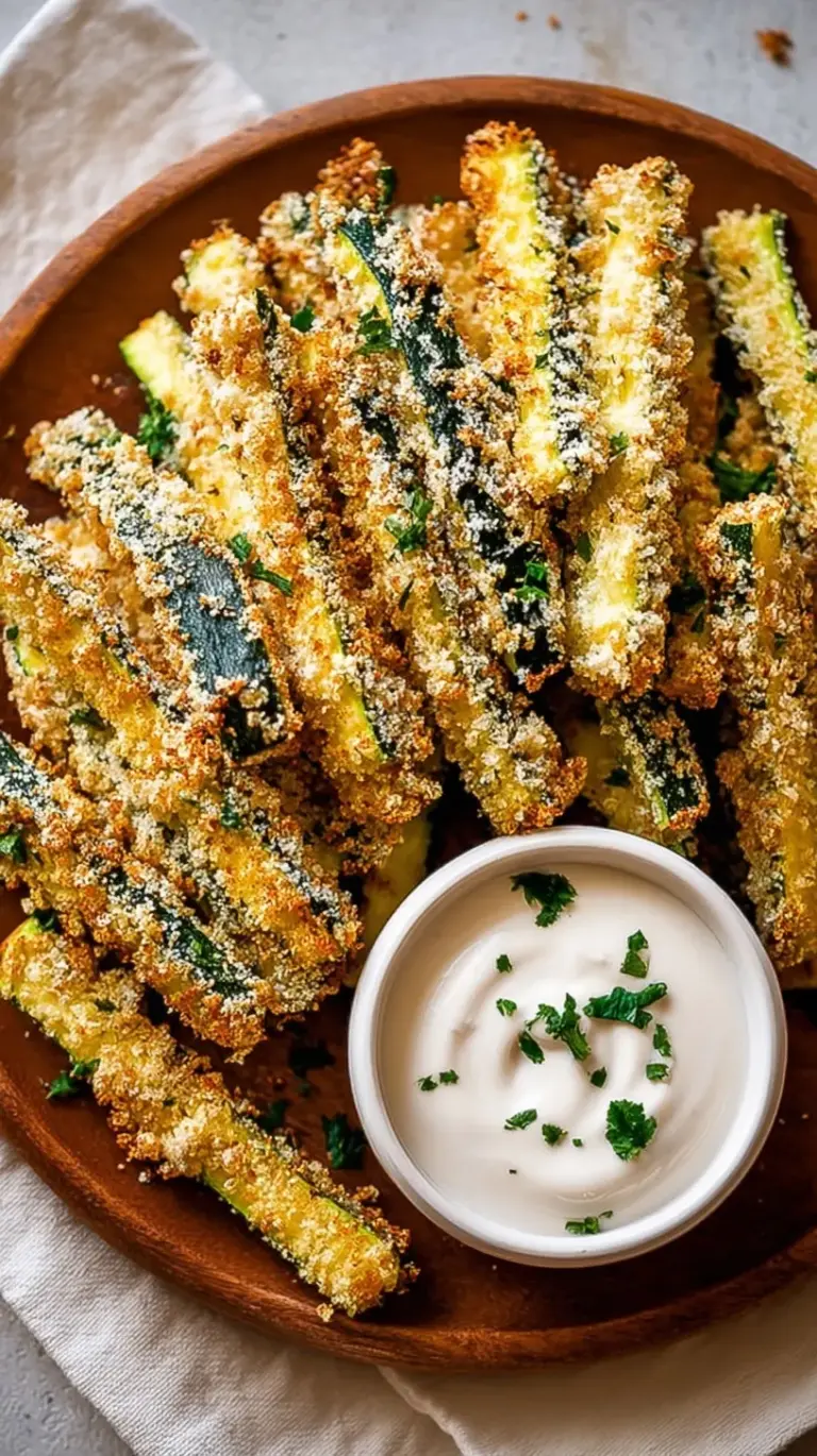 Golden brown crispy baked zucchini fries served on a baking sheet with dipping sauce