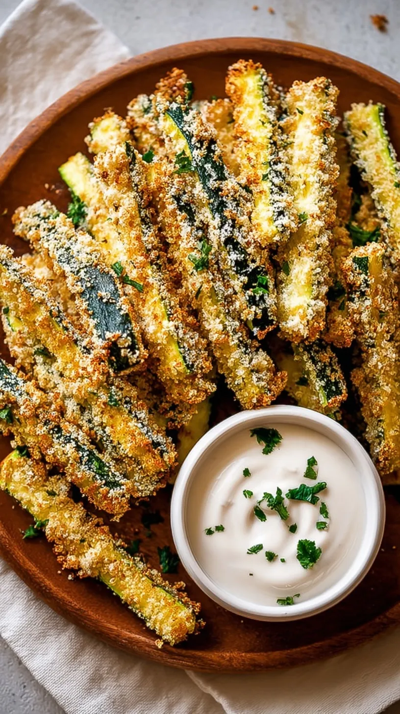 Golden brown crispy baked zucchini fries served on a baking sheet with dipping sauce