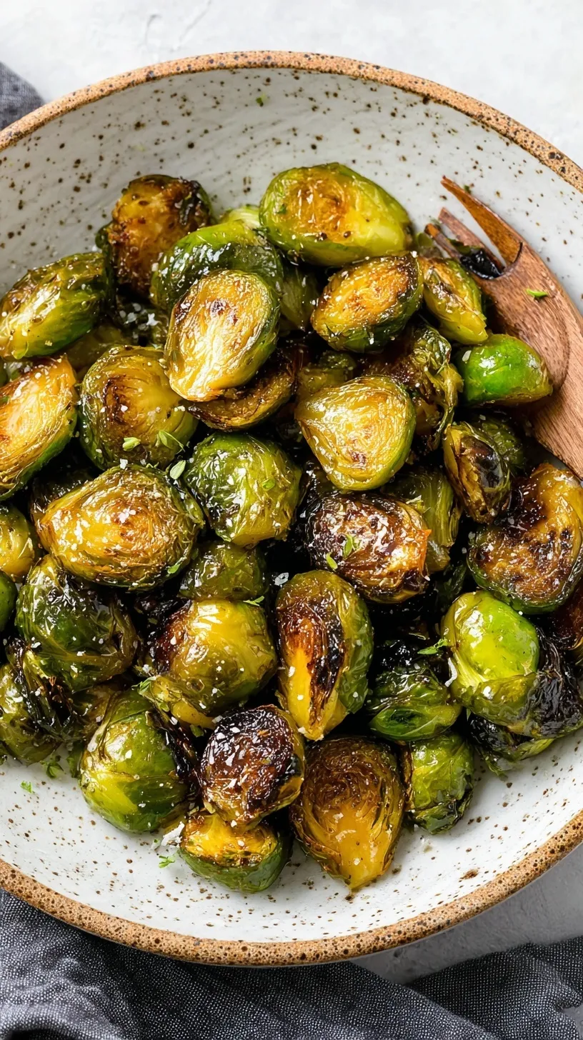 A tray of charred Balsamic Roasted Brussels Sprouts glistening with a sweet honey glaze and golden edges.