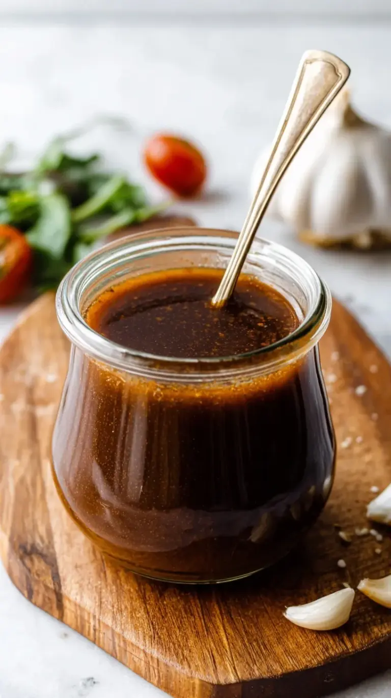 A glass jar filled with silky balsamic vinaigrette next to fresh spring greens and a whisk.