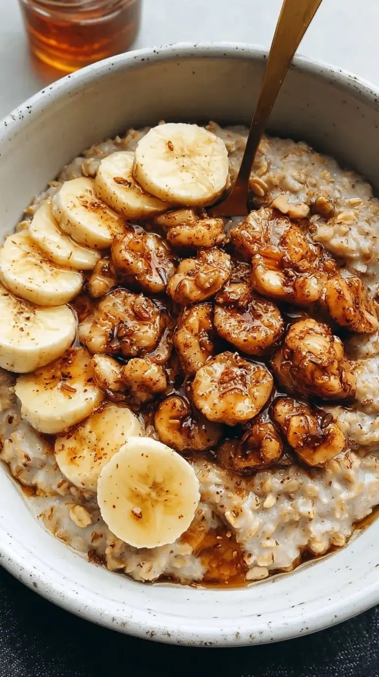 A steaming bowl of creamy banana bread oatmeal topped with chopped walnuts and a dash of cinnamon.