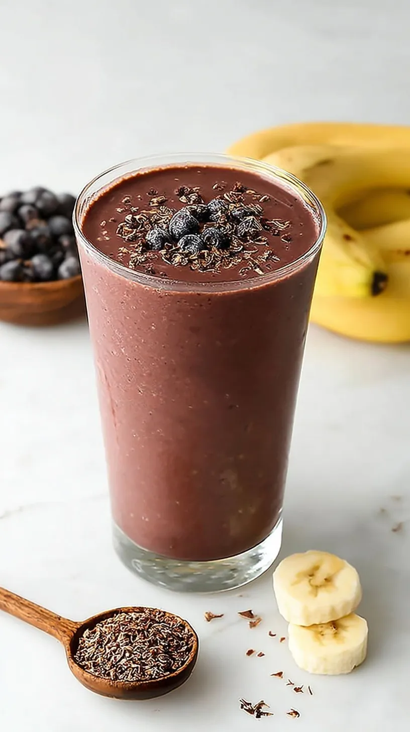 A creamy Banana Cacao Smoothie in a tall glass with a sprinkle of cacao powder on top.